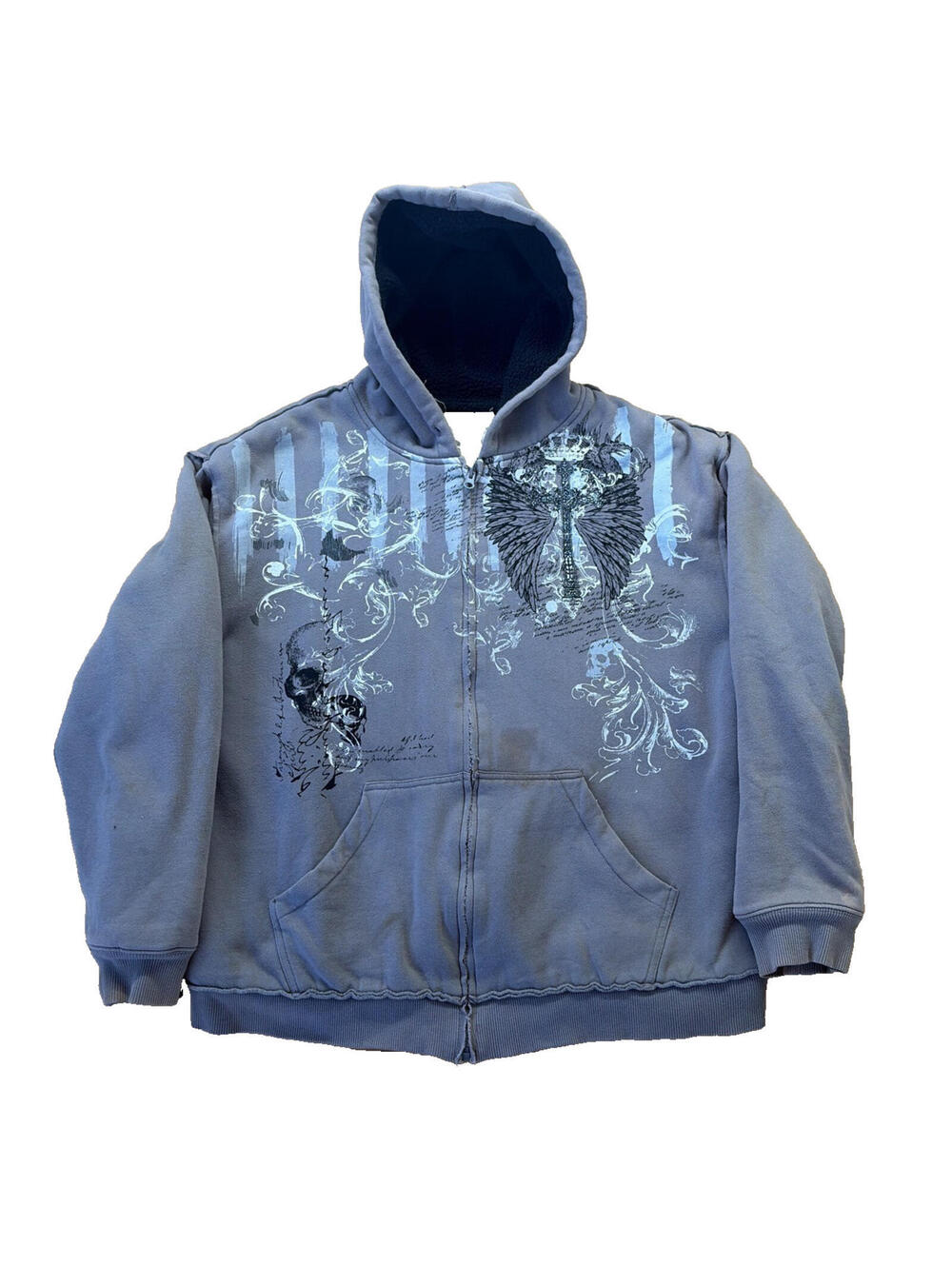 Rare Y2K Affliction/MMA Elite Style Distressed Grey Fleece Lined Hoodie Size XL